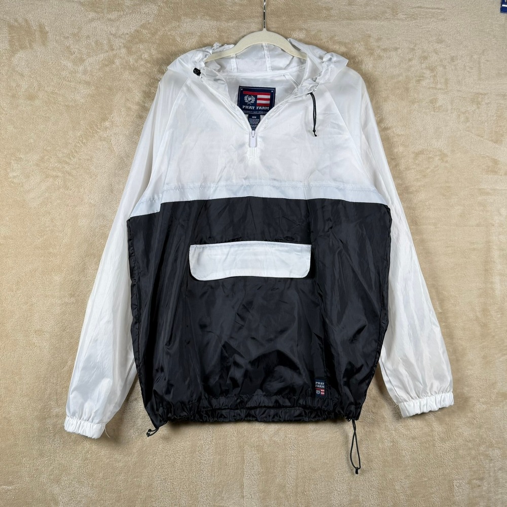 Phat Farm Men's White Black Colorblock Hooded‎ Anorak Windbreaker Jacket M